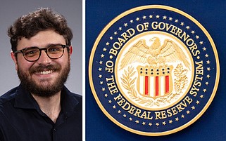 Ryan Loy (left), extension economist with the University of Arkansas System Division of Agriculture, is shown with the Federal Reserve Board of Governors seal in these undated file photos. (Left, courtesy photo; right, AP/Jose Luis Magana)